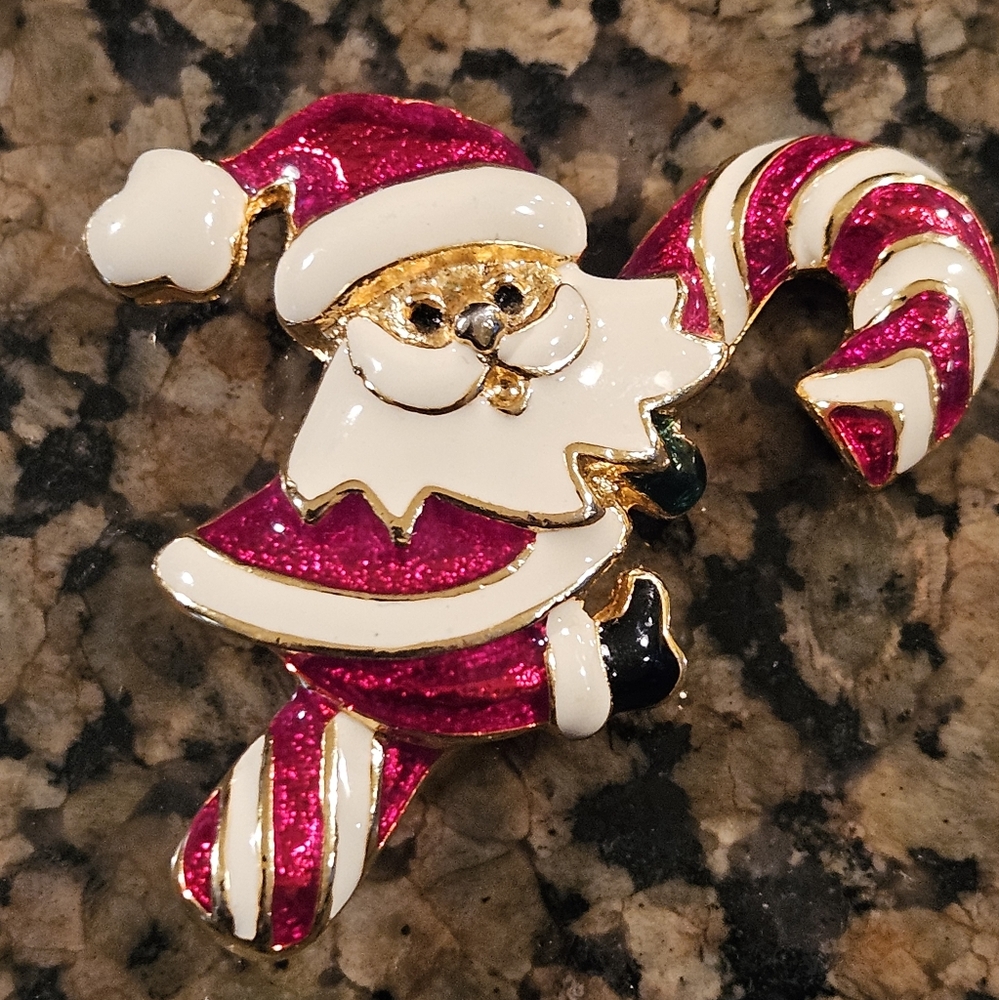 ✨️🎄HOST PICK🎄✨️VTG SANTA BROOCH PIN SLIDING DOWN CANDY CANE CHRISTMAS HOLIDAY